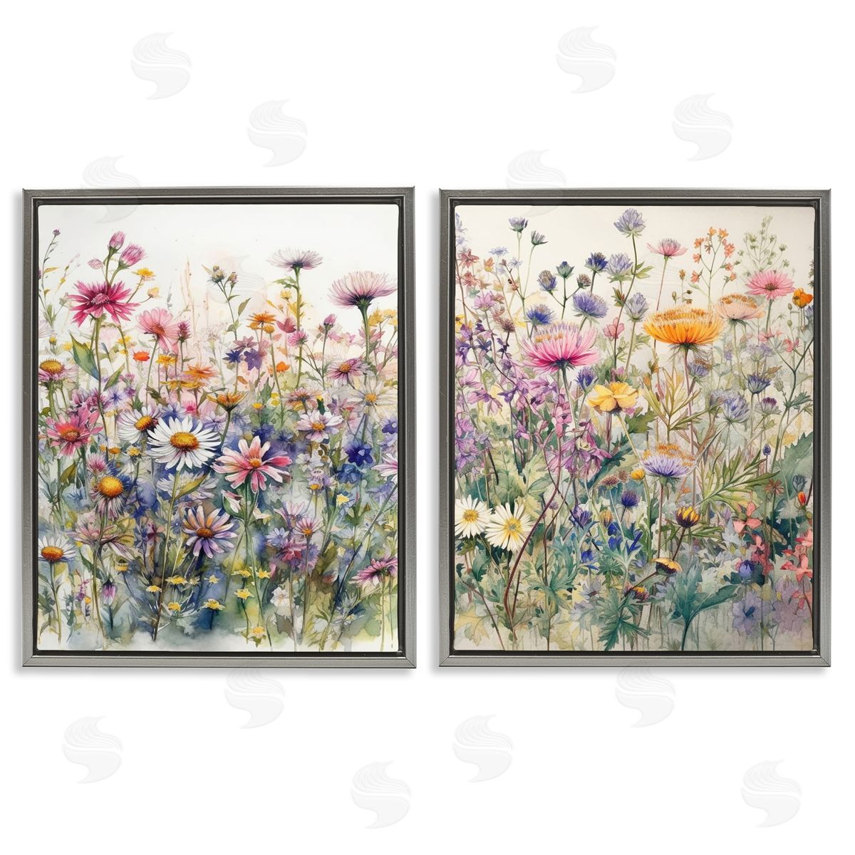 Ryley Gray Watercolor Daisy & Aster Field Gray Floating Frame Canvas Wall Art Print