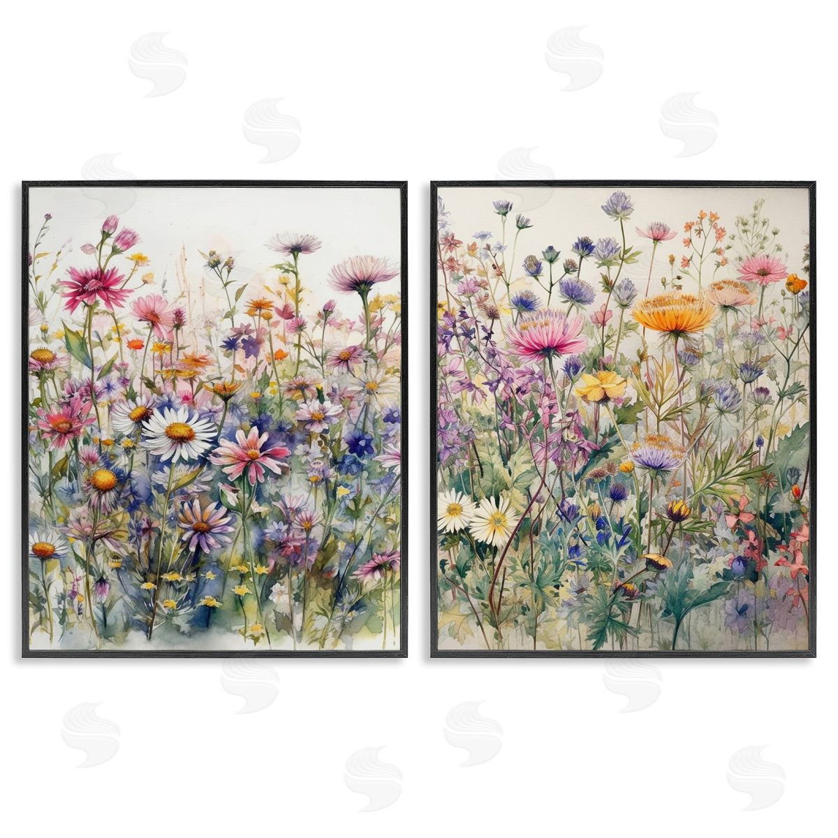 Ryley Gray Watercolor Daisy & Aster Field Black Framed Giclee Wall Art Print