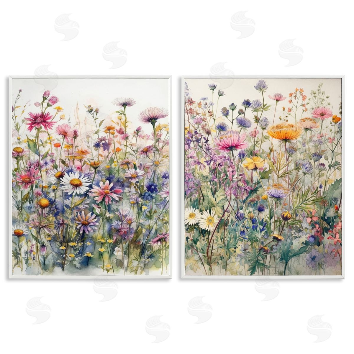 Ryley Gray Watercolor Daisy & Aster Field White Framed Giclee Wall Art Print