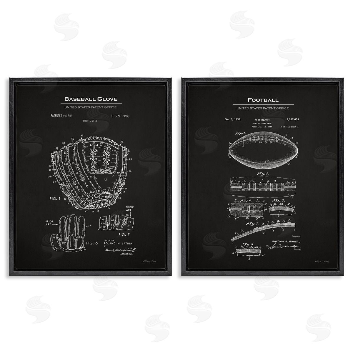 Susan Ball Football Baseball Glove Patent Black Floating Frame Canvas Wall Art Print