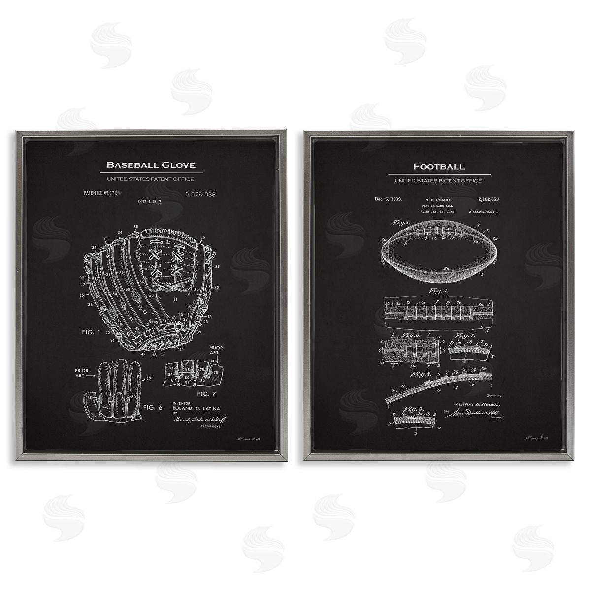 Susan Ball Football Baseball Glove Patent Gray Floating Frame Canvas Wall Art Print