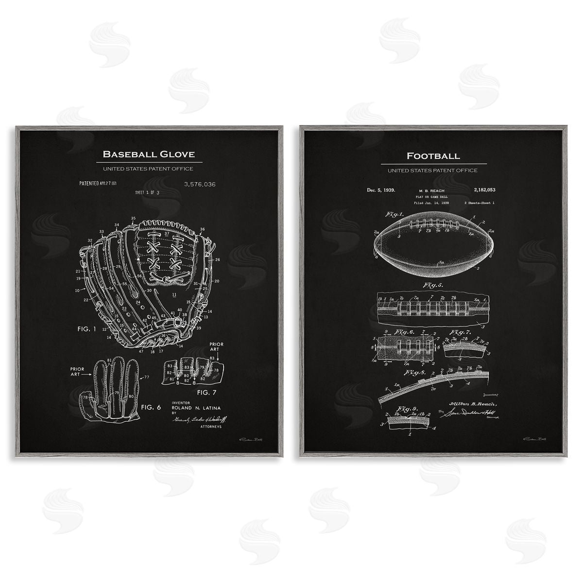 Susan Ball Football Baseball Glove Patent Gray Framed Giclee Wall Art Print