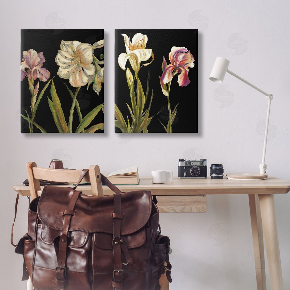 Samantha Carter Blooming Purple Iris White Lily  Canvas Wall Art Print in Room