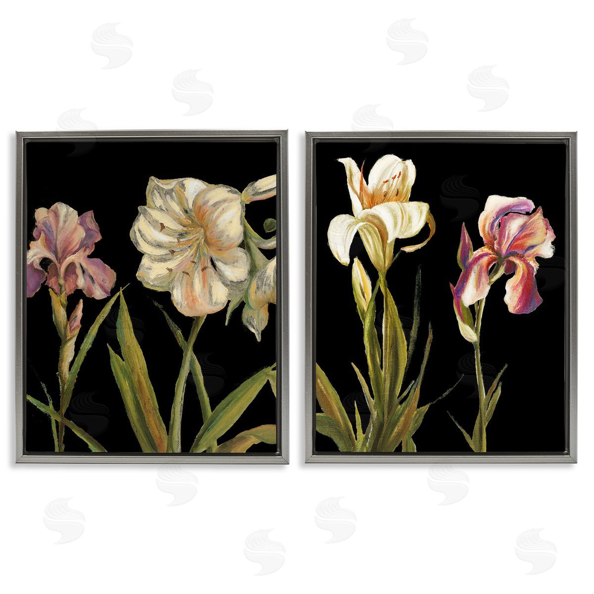 Samantha Carter Blooming Purple Iris White Lily  Gray Floating Frame Canvas Wall Art Print