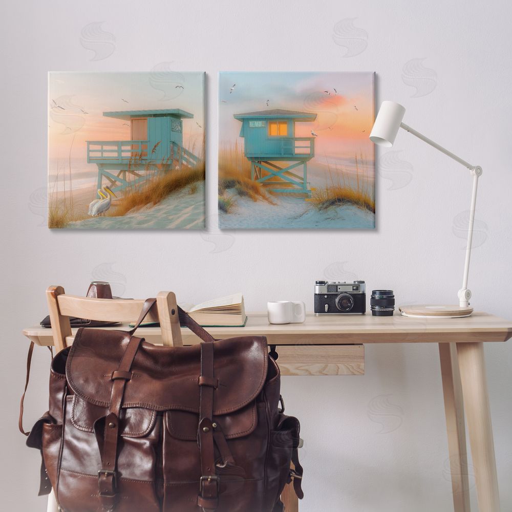 Steve Hunziker Lifeguard Beach Hut Pelicans Canvas Wall Art Print in Room