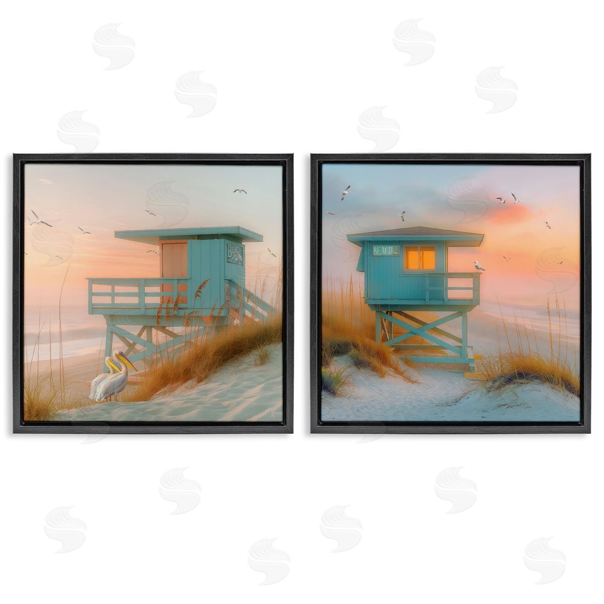 Steve Hunziker Lifeguard Beach Hut Pelicans Black Floating Frame Canvas Wall Art Print