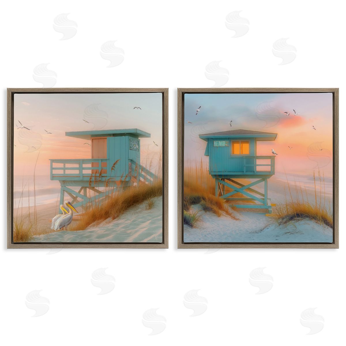 Steve Hunziker Lifeguard Beach Hut Pelicans Brown Floating Frame Canvas Wall Art Print