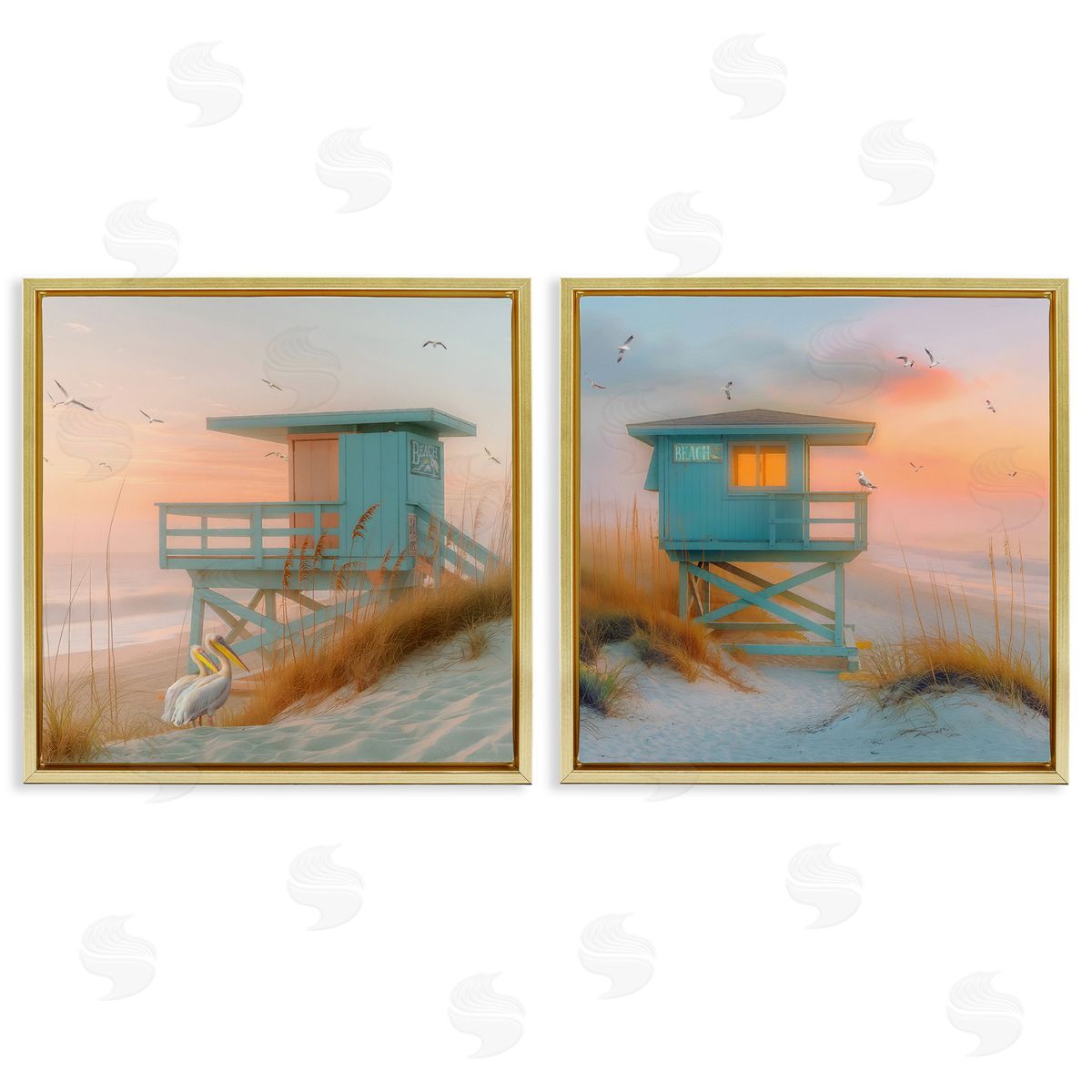 Steve Hunziker Lifeguard Beach Hut Pelicans Gold Floating Frame Canvas Wall Art Print