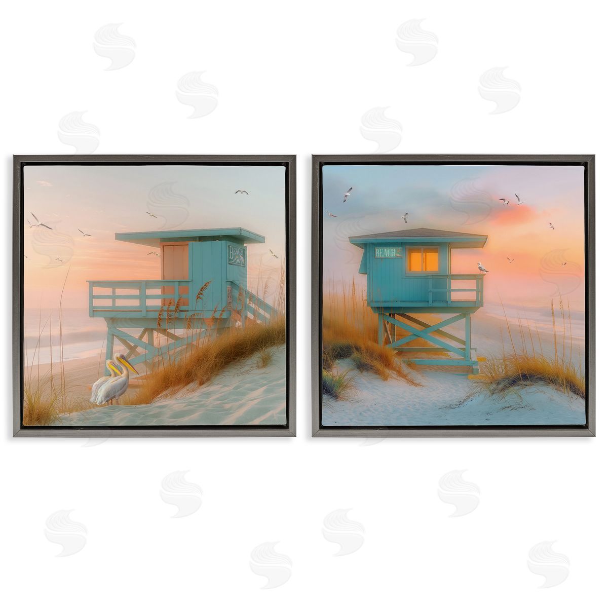 Steve Hunziker Lifeguard Beach Hut Pelicans Gray Floating Frame Canvas Wall Art Print