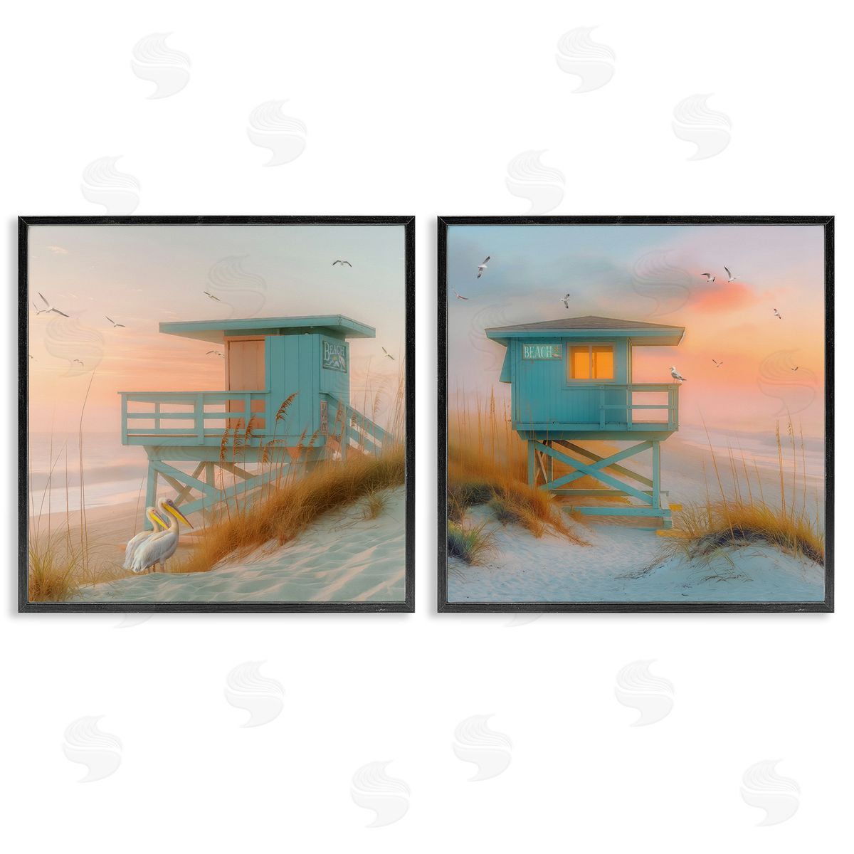 Steve Hunziker Lifeguard Beach Hut Pelicans Black Framed Giclee Wall Art Print