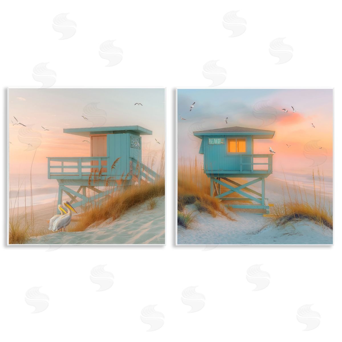 Steve Hunziker Lifeguard Beach Hut Pelicans Wooden Wall Plaque Art Print
