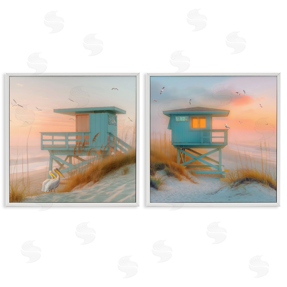 Steve Hunziker Lifeguard Beach Hut Pelicans White Framed Giclee Wall Art Print