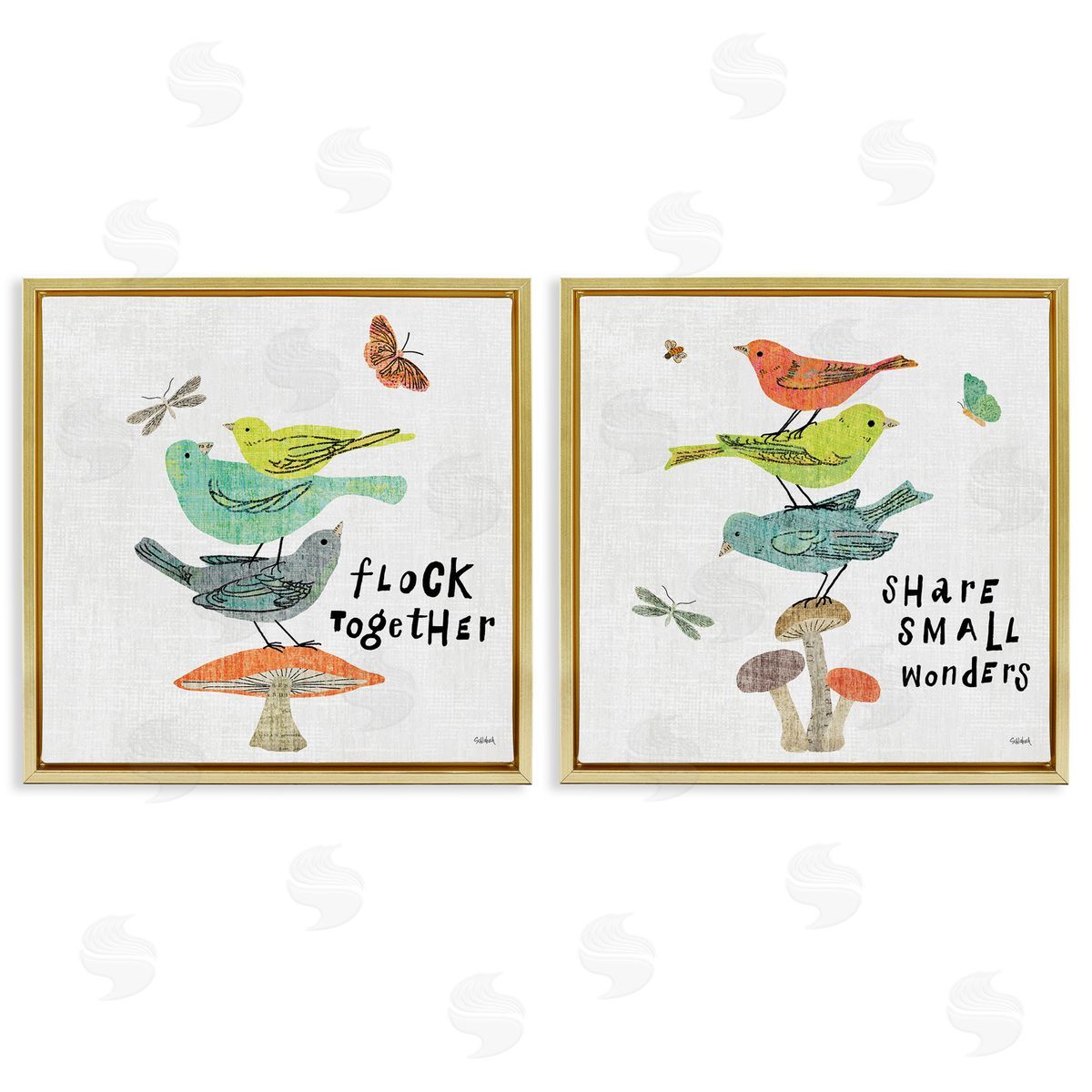 Sue Schlabach Flock Together Share Birds  Gold Floating Frame Canvas Wall Art Print