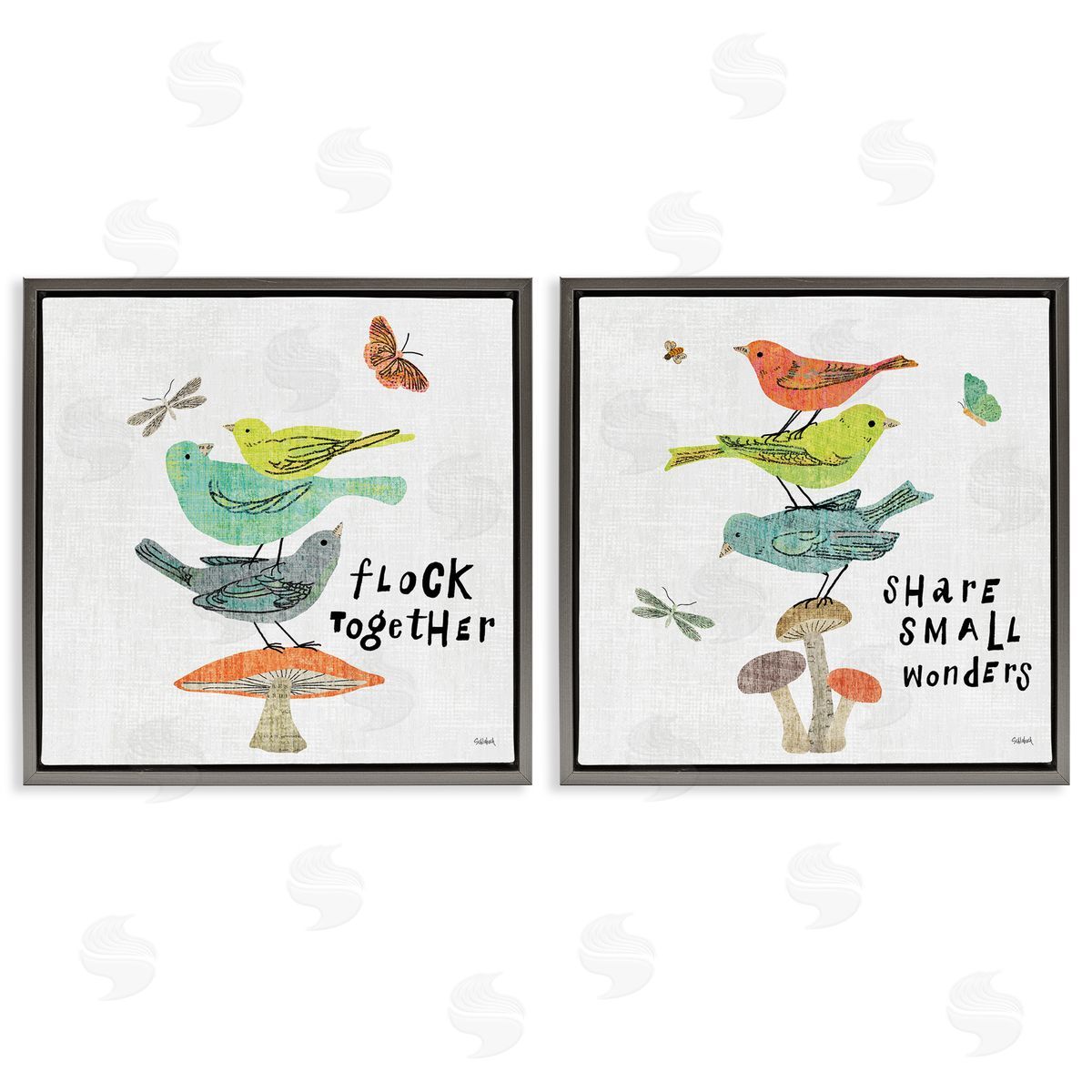 Sue Schlabach Flock Together Share Birds  Gray Floating Frame Canvas Wall Art Print