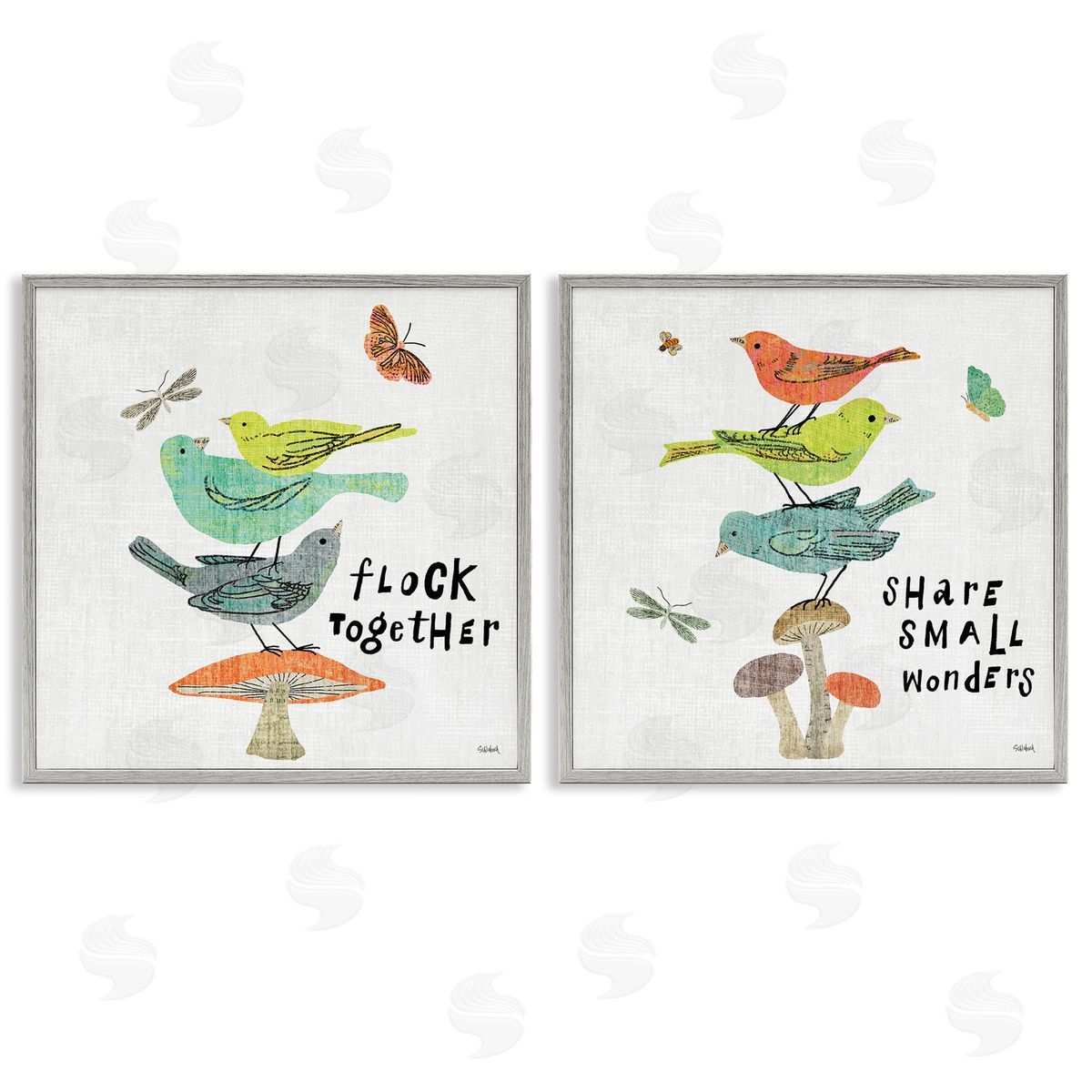 Sue Schlabach Flock Together Share Birds  Gray Framed Giclee Wall Art Print