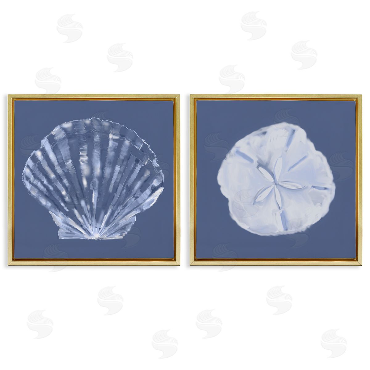 Julie DeRice Denim Sand Dollar & Scallop  Gold Floating Frame Canvas Wall Art Print