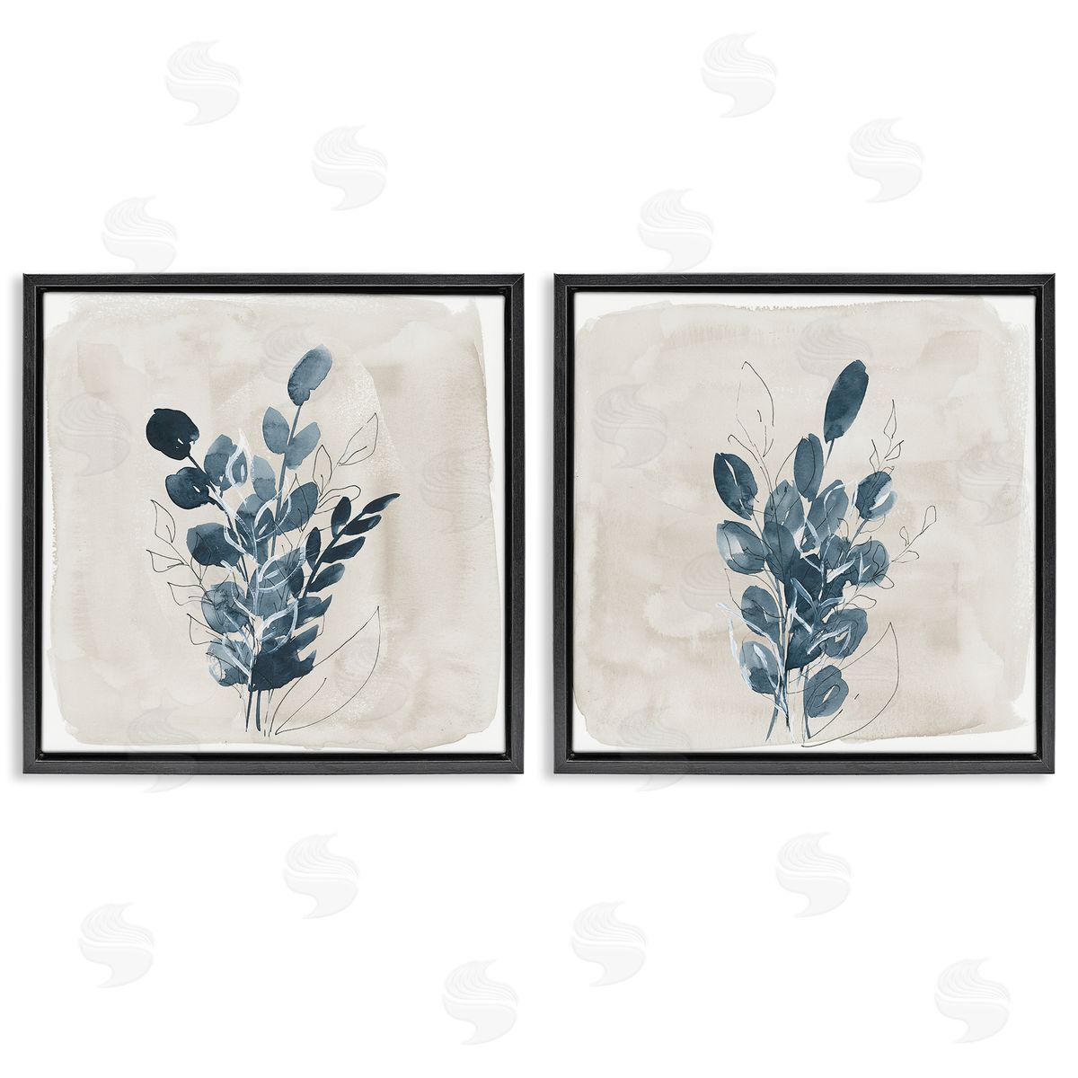 Lucille Price Blue Summer Leaves  Black Floating Frame Canvas Wall Art Print