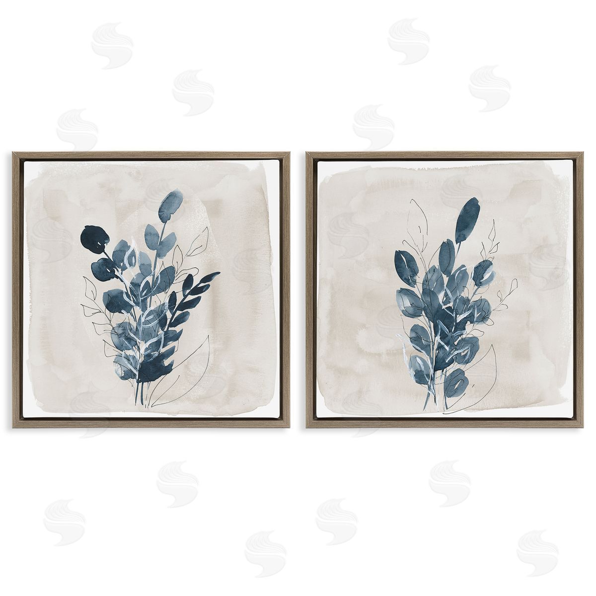 Lucille Price Blue Summer Leaves  Brown Floating Frame Canvas Wall Art Print
