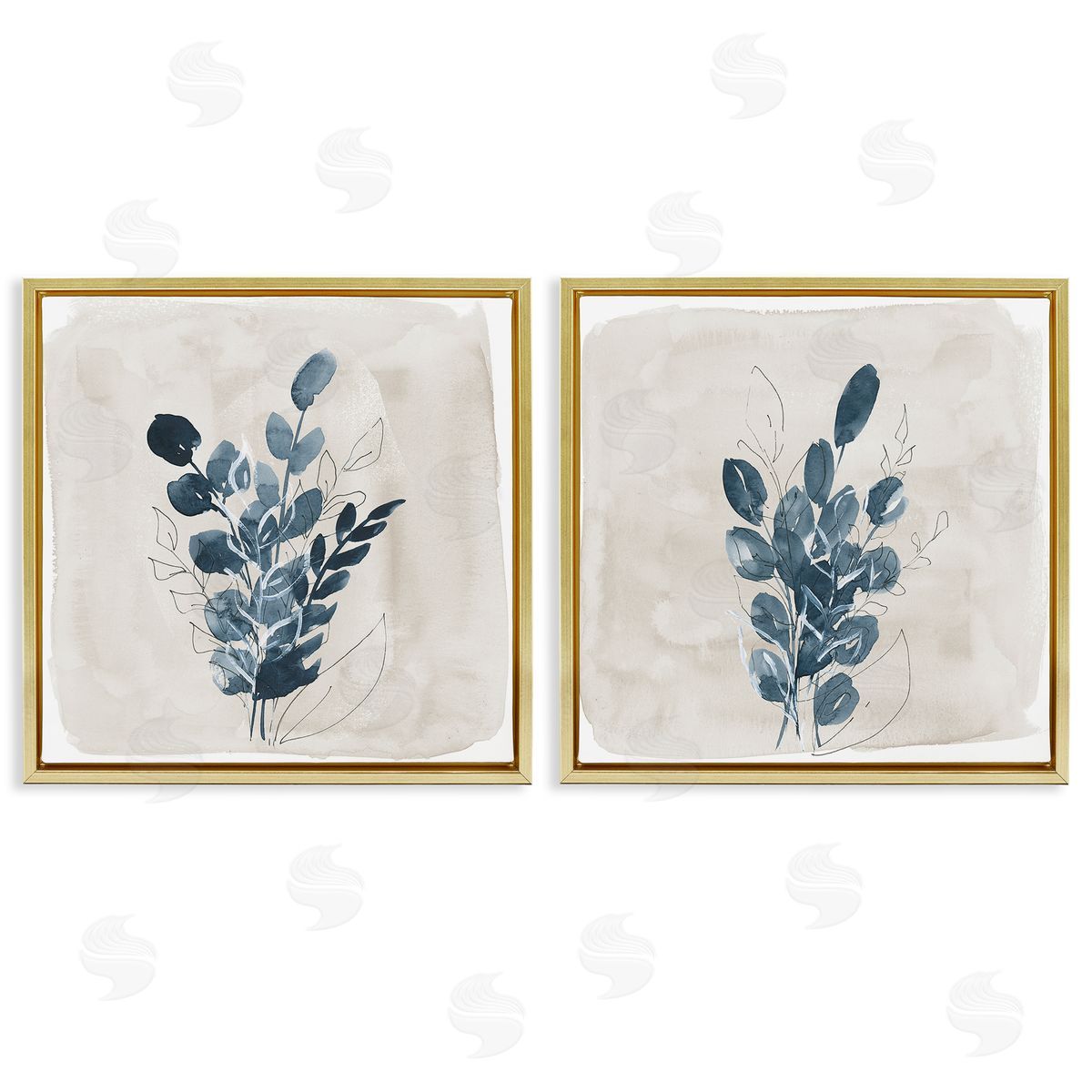 Lucille Price Blue Summer Leaves  Gold Floating Frame Canvas Wall Art Print