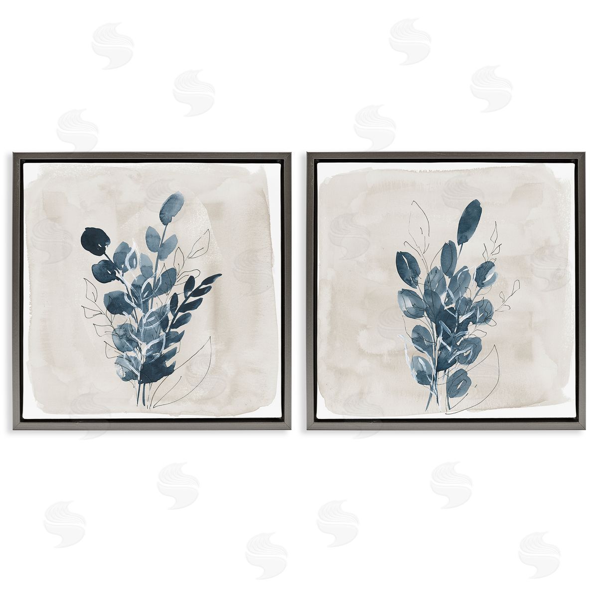 Lucille Price Blue Summer Leaves  Gray Floating Frame Canvas Wall Art Print