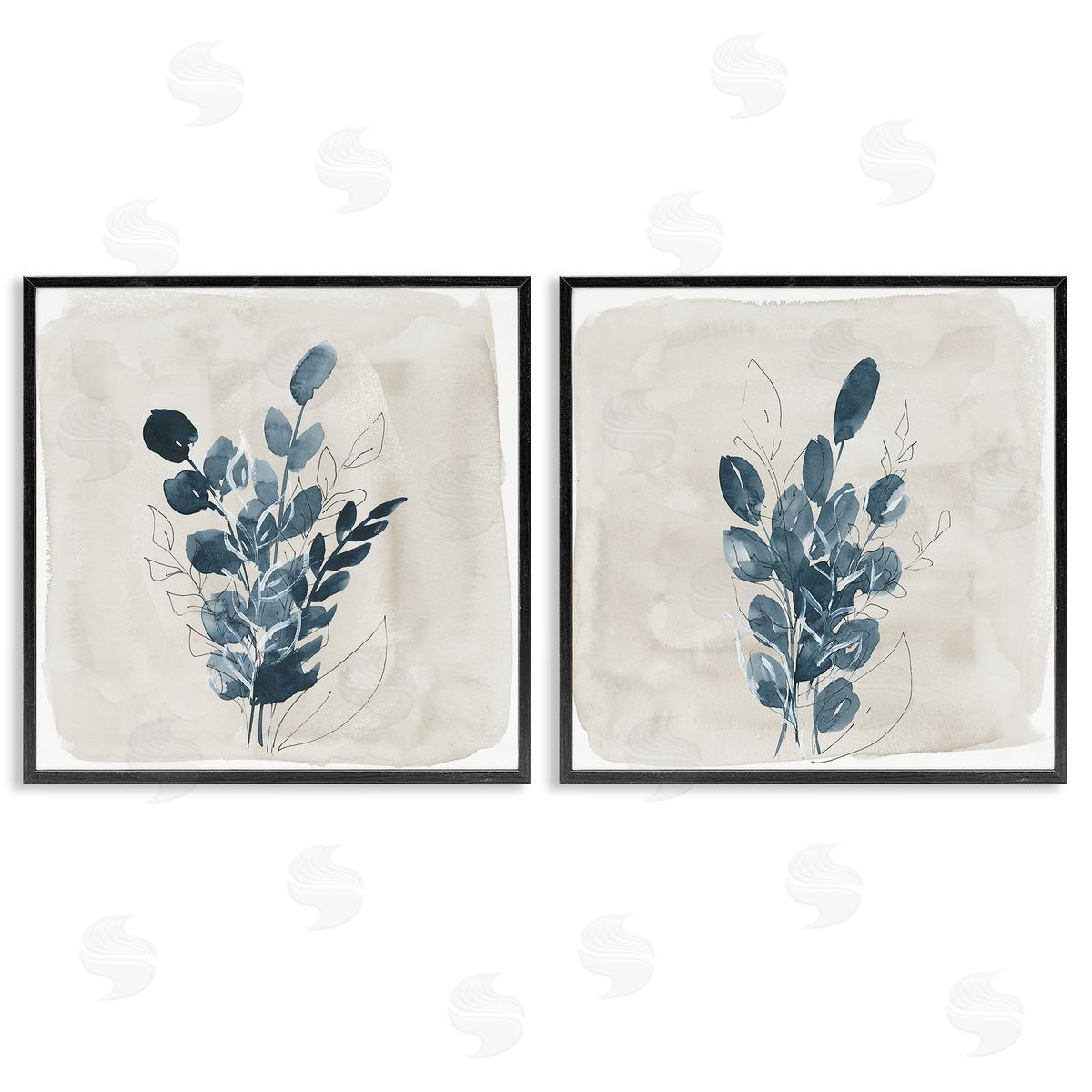 Lucille Price Blue Summer Leaves  Black Framed Giclee Wall Art Print