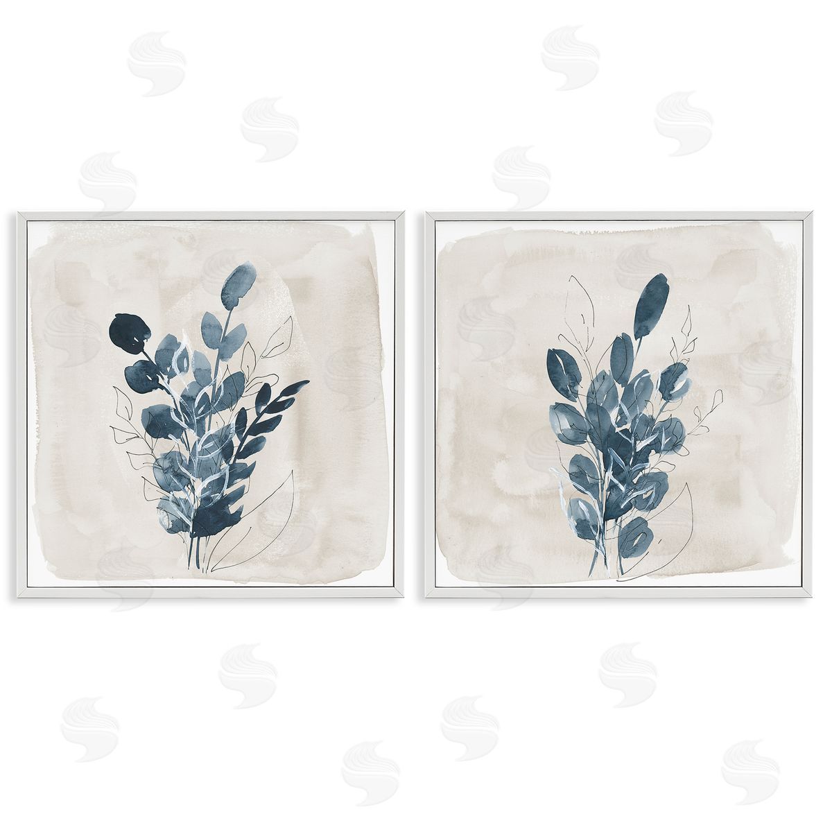 Lucille Price Blue Summer Leaves  White Framed Giclee Wall Art Print