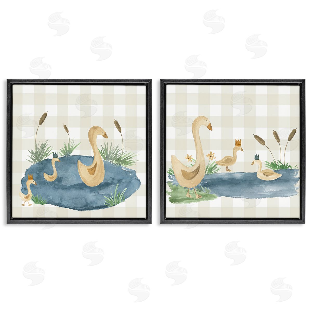 Lucille Price Swan Family in Pond  Black Floating Frame Canvas Wall Art Print