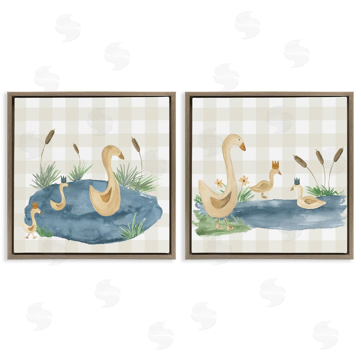 Lucille Price Swan Family in Pond  Brown Floating Frame Canvas Wall Art Print