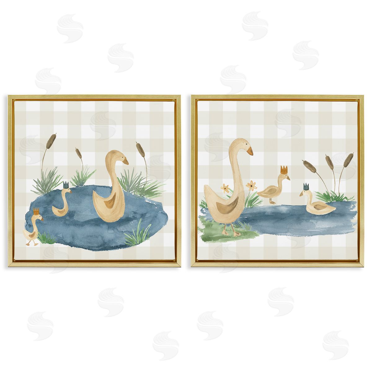 Lucille Price Swan Family in Pond  Gold Floating Frame Canvas Wall Art Print