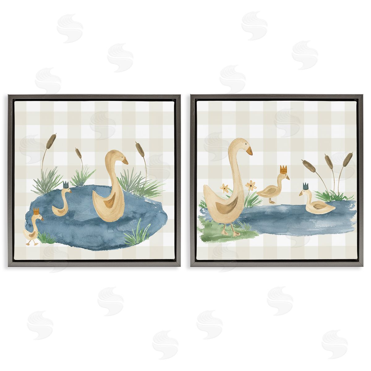 Lucille Price Swan Family in Pond  Gray Floating Frame Canvas Wall Art Print