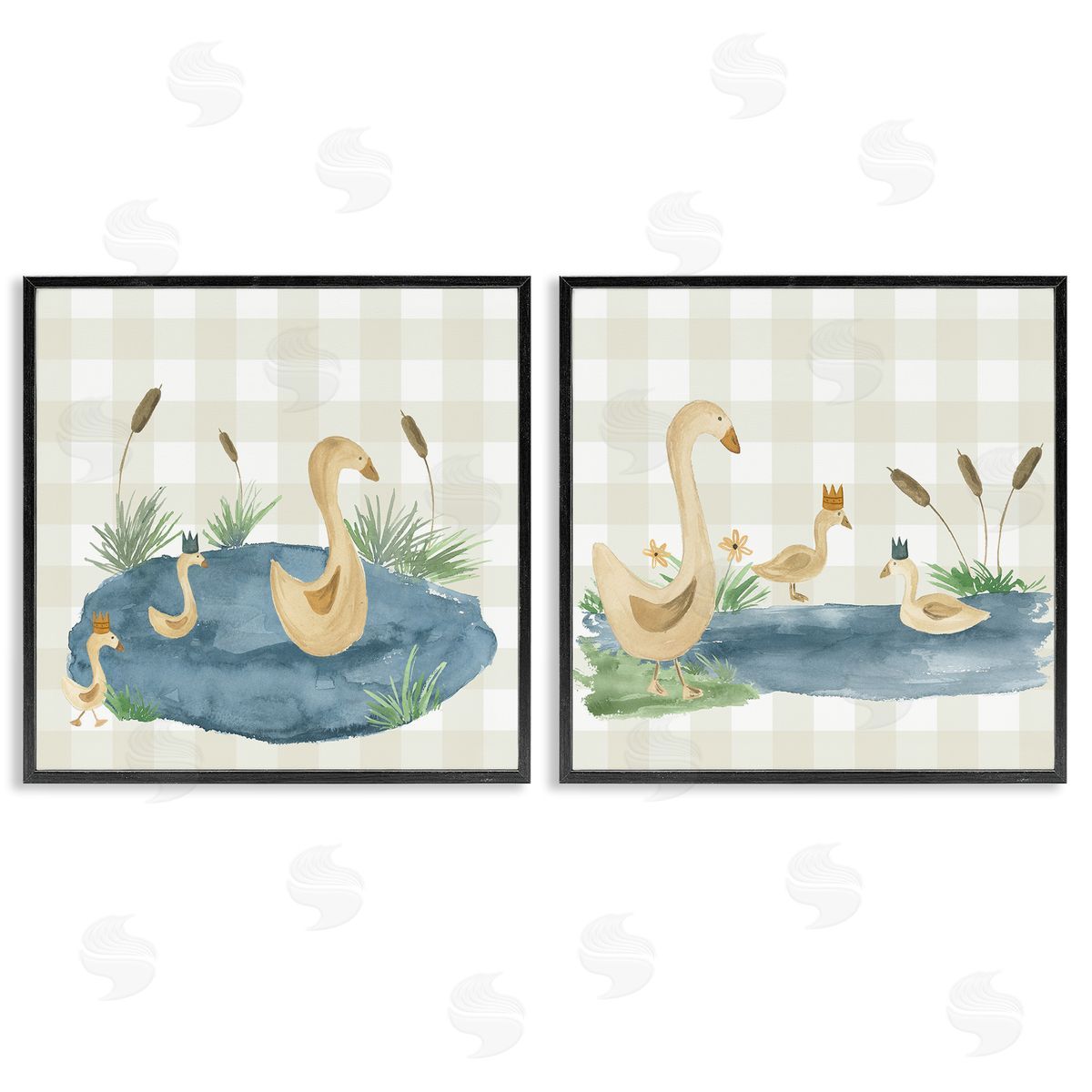 Lucille Price Swan Family in Pond  Black Framed Giclee Wall Art Print
