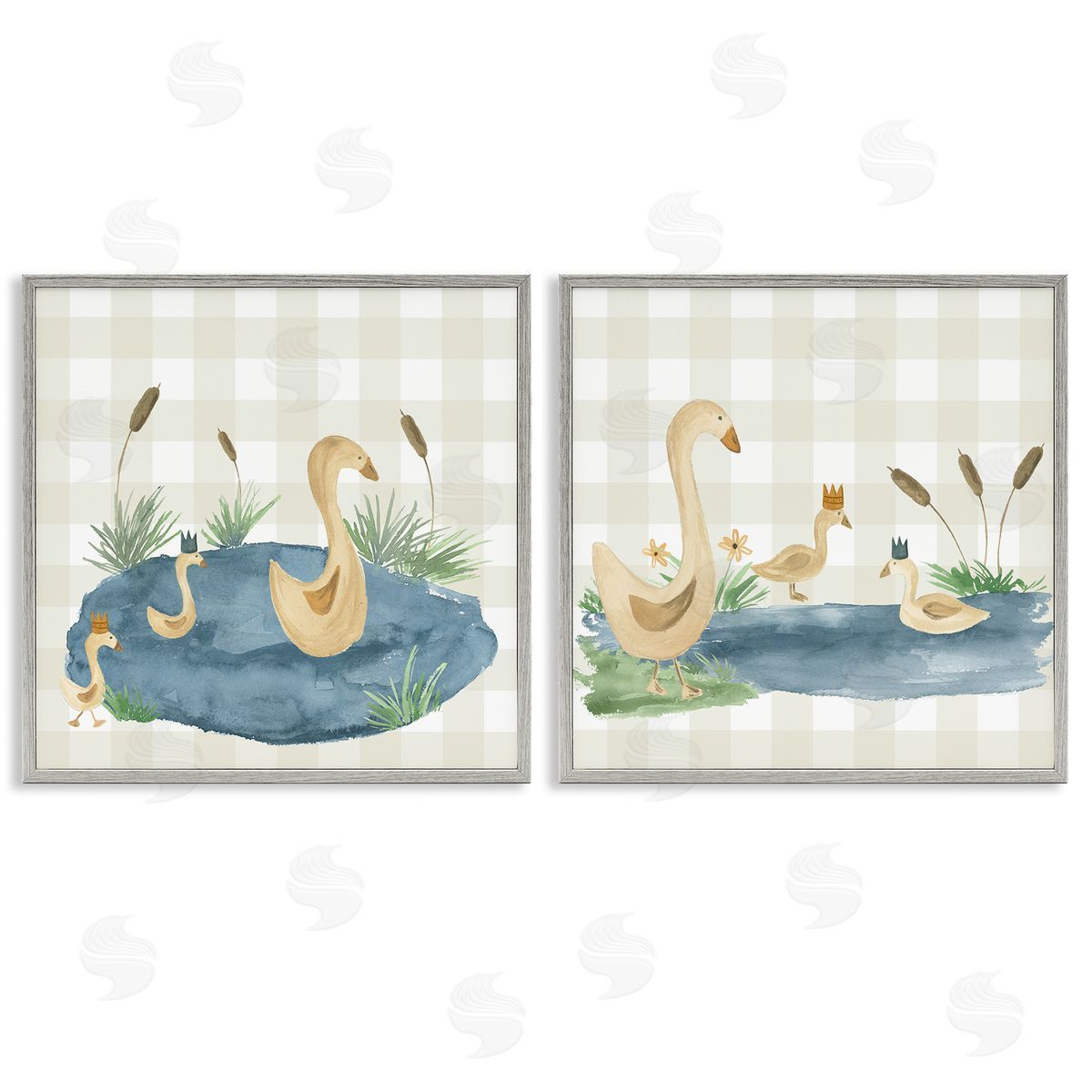 Lucille Price Swan Family in Pond  Gray Framed Giclee Wall Art Print