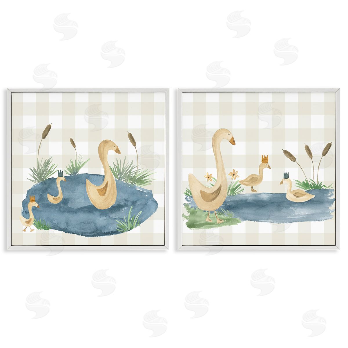 Lucille Price Swan Family in Pond  White Framed Giclee Wall Art Print