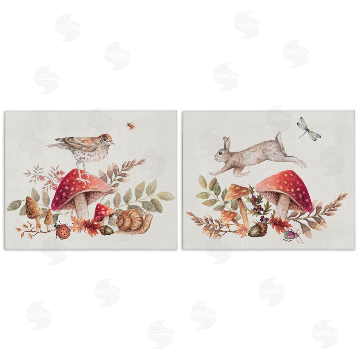 Janice Gaynor Woodland Bird Rabbit Mushrooms   Canvas Wall Art Print