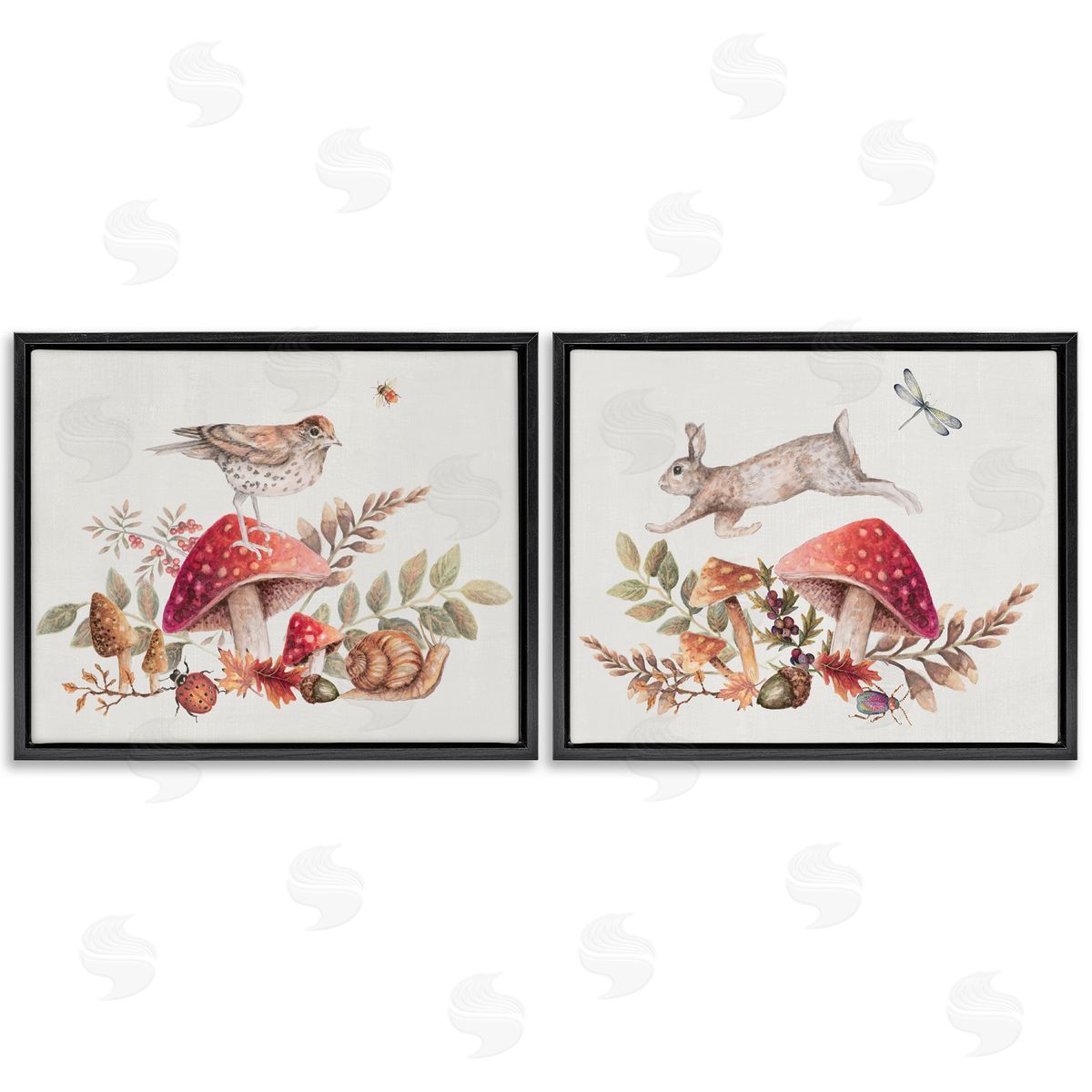 Janice Gaynor Woodland Bird Rabbit Mushrooms   Black Floating Frame Canvas Wall Art Print