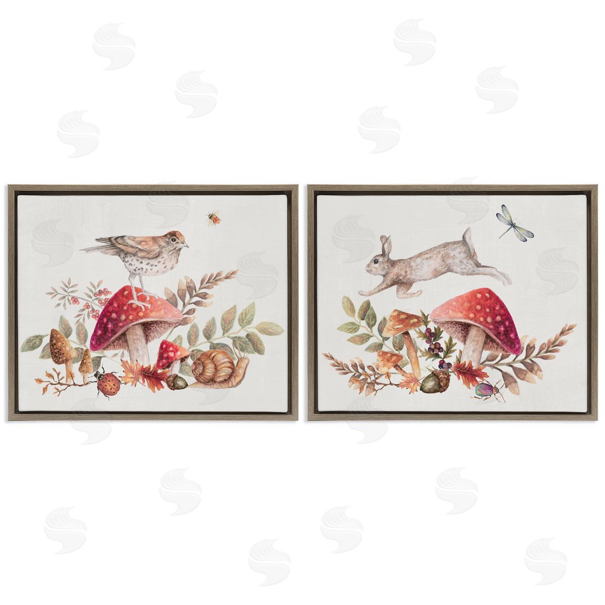 Janice Gaynor Woodland Bird Rabbit Mushrooms   Brown Floating Frame Canvas Wall Art Print