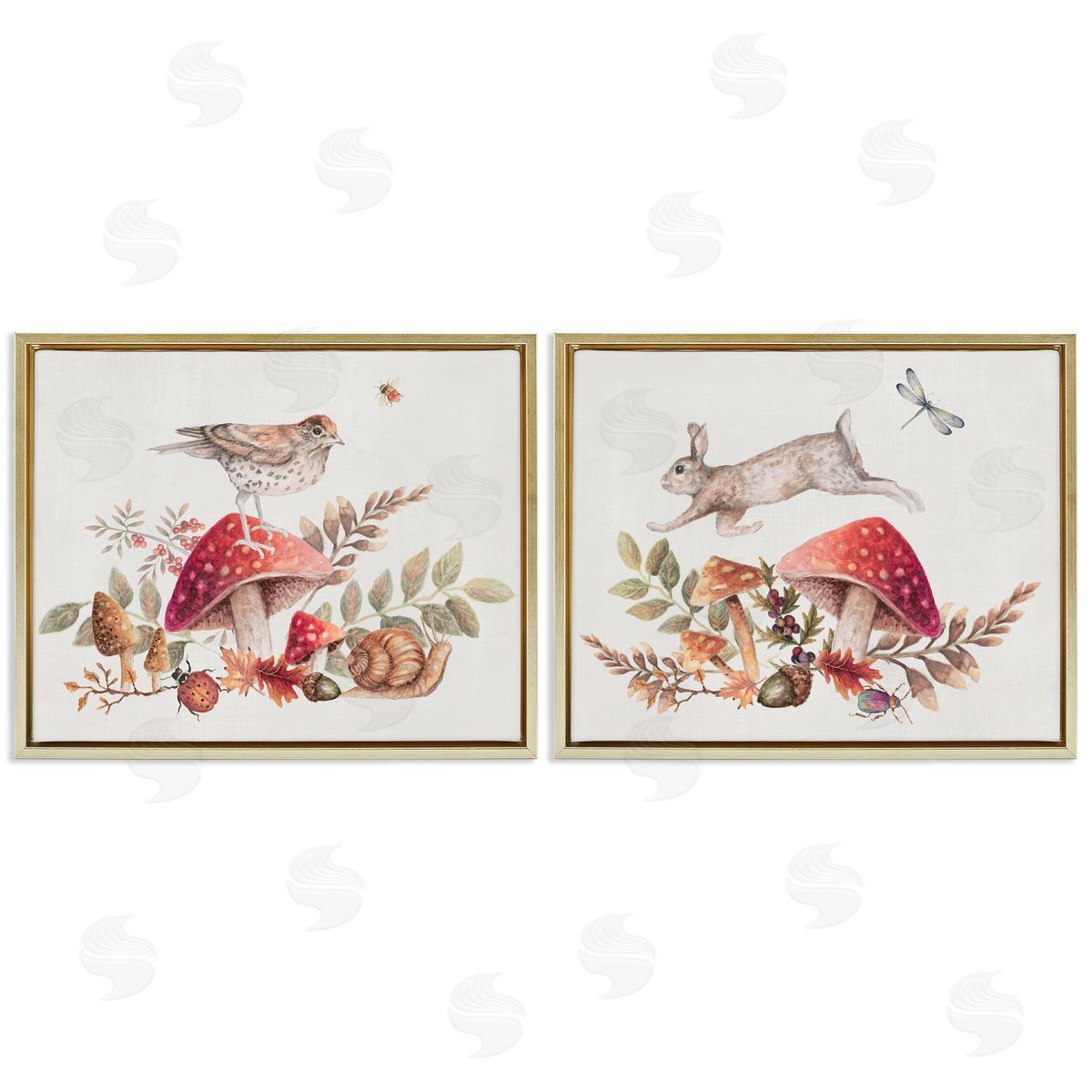 Janice Gaynor Woodland Bird Rabbit Mushrooms   Gold Floating Frame Canvas Wall Art Print