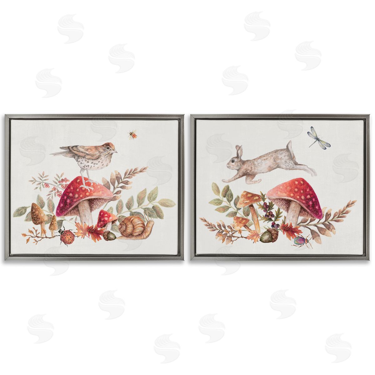 Janice Gaynor Woodland Bird Rabbit Mushrooms   Gray Floating Frame Canvas Wall Art Print