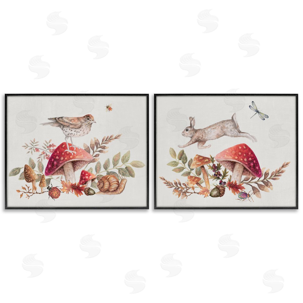 Janice Gaynor Woodland Bird Rabbit Mushrooms   Black Framed Giclee Wall Art Print