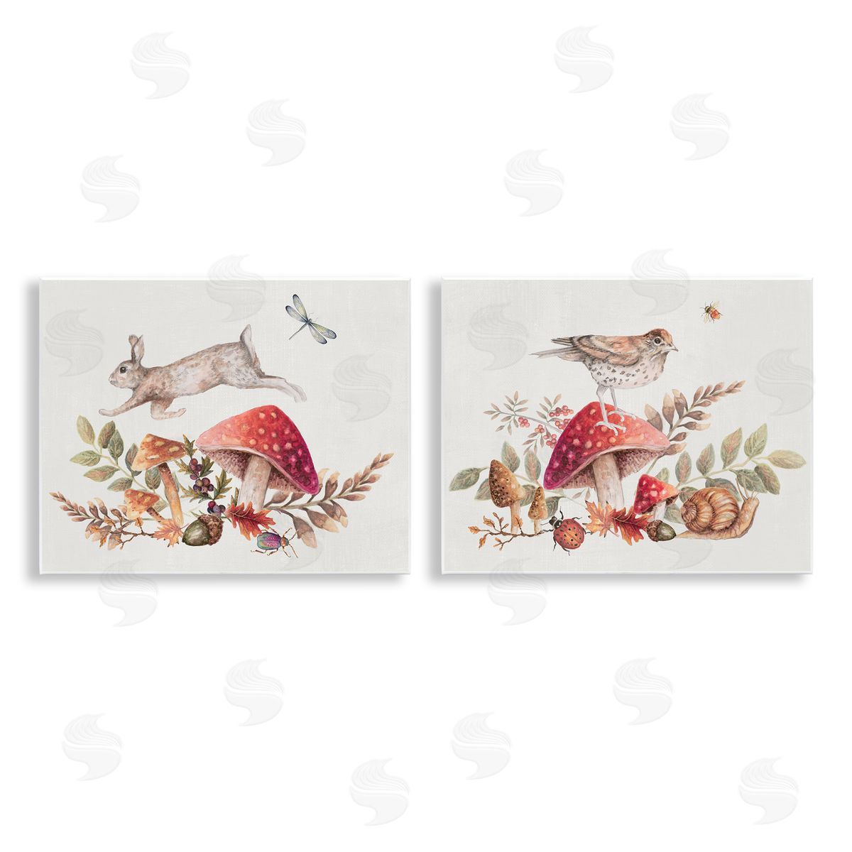 Janice Gaynor Woodland Bird Rabbit Mushrooms   Wooden Wall Plaque Art Print