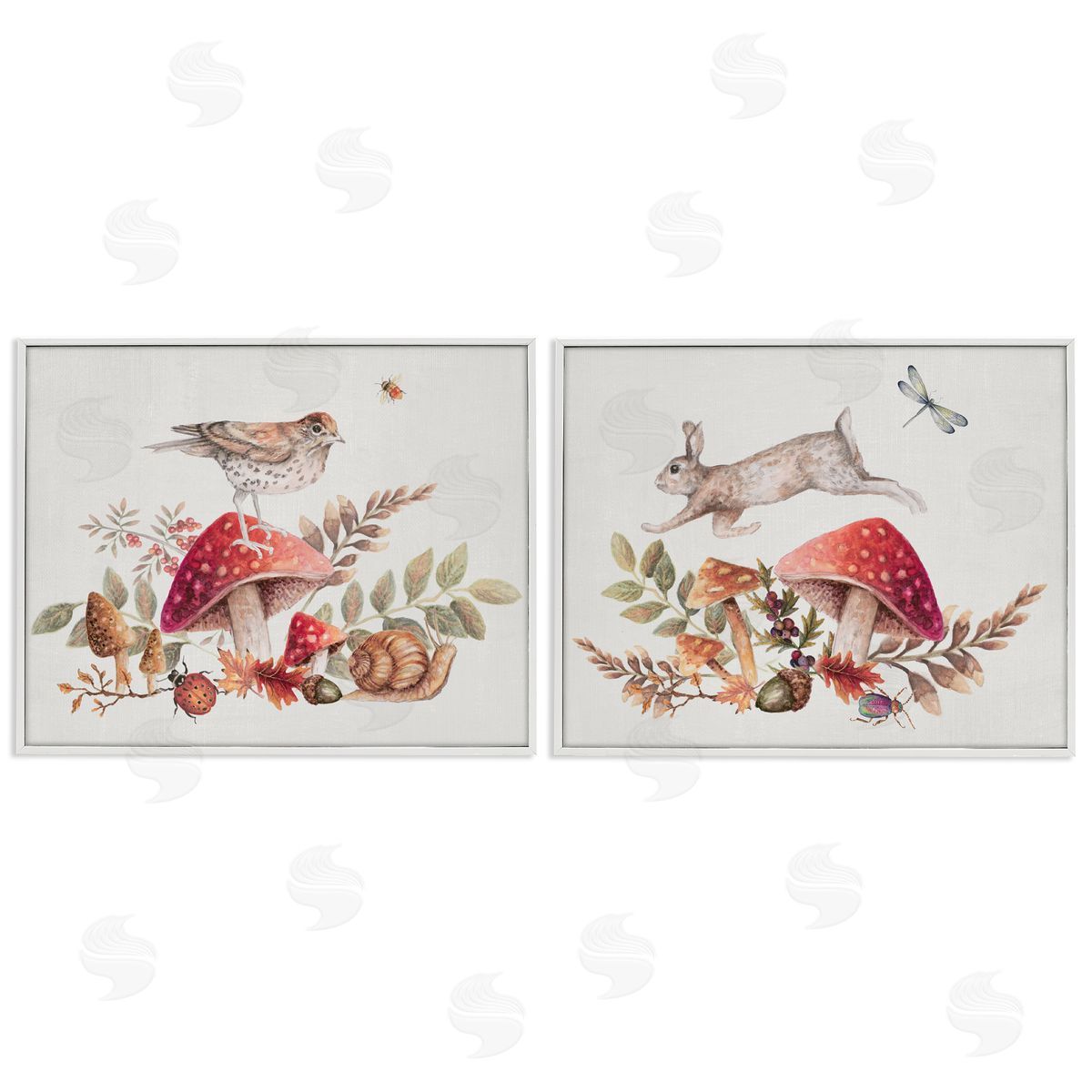 Janice Gaynor Woodland Bird Rabbit Mushrooms   White Framed Giclee Wall Art Print