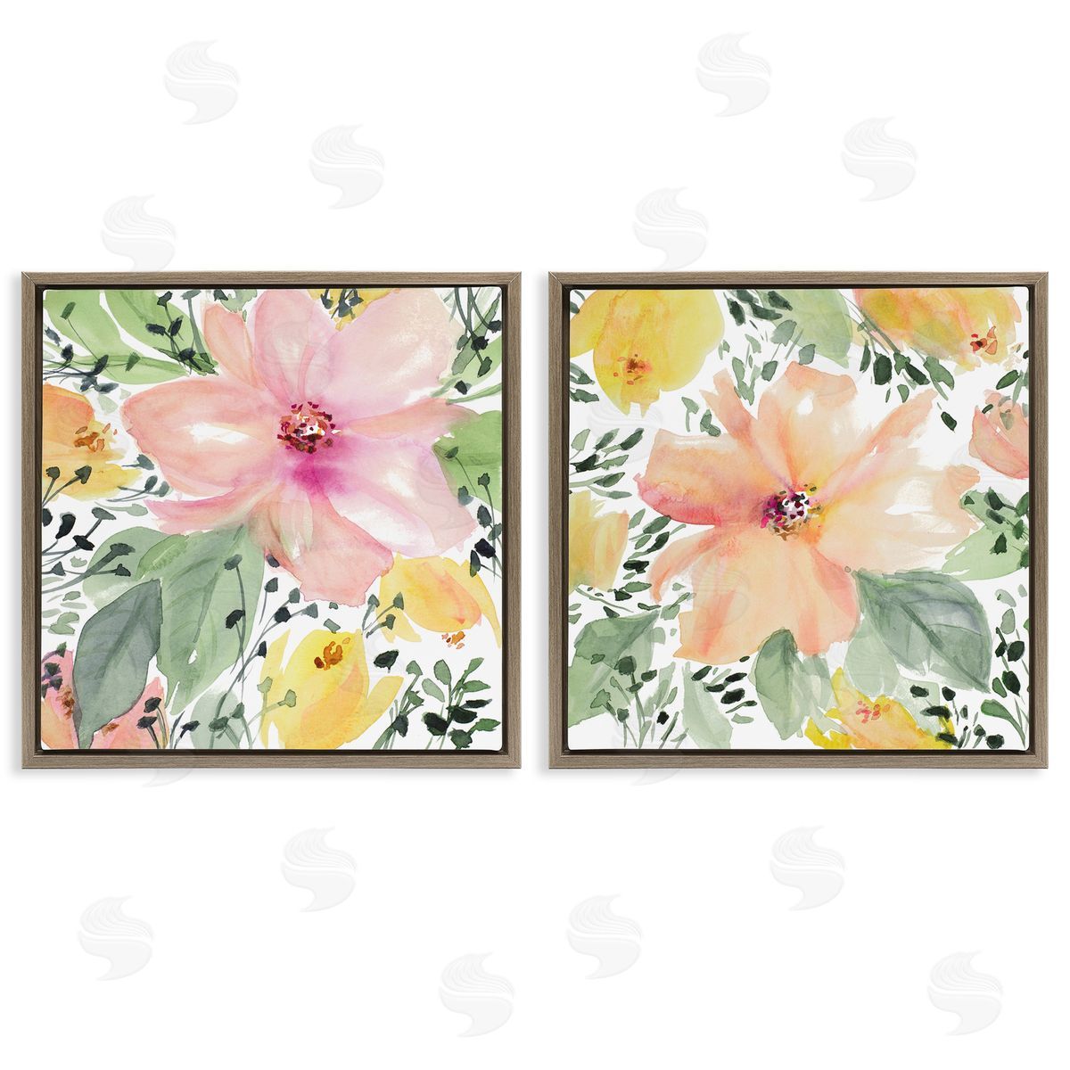 Large Pink and Coral Bloom Brown Floating Frame Canvas Wall Art, Home Decor by Lanie Loreth