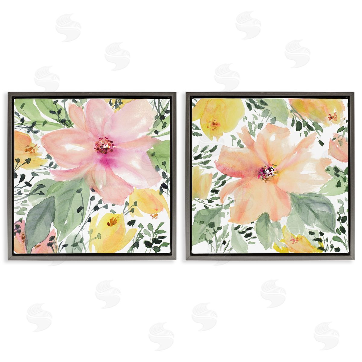 Large Pink and Coral Bloom Grey Floating Frame Canvas Wall Art, Home Decor by Lanie Loreth