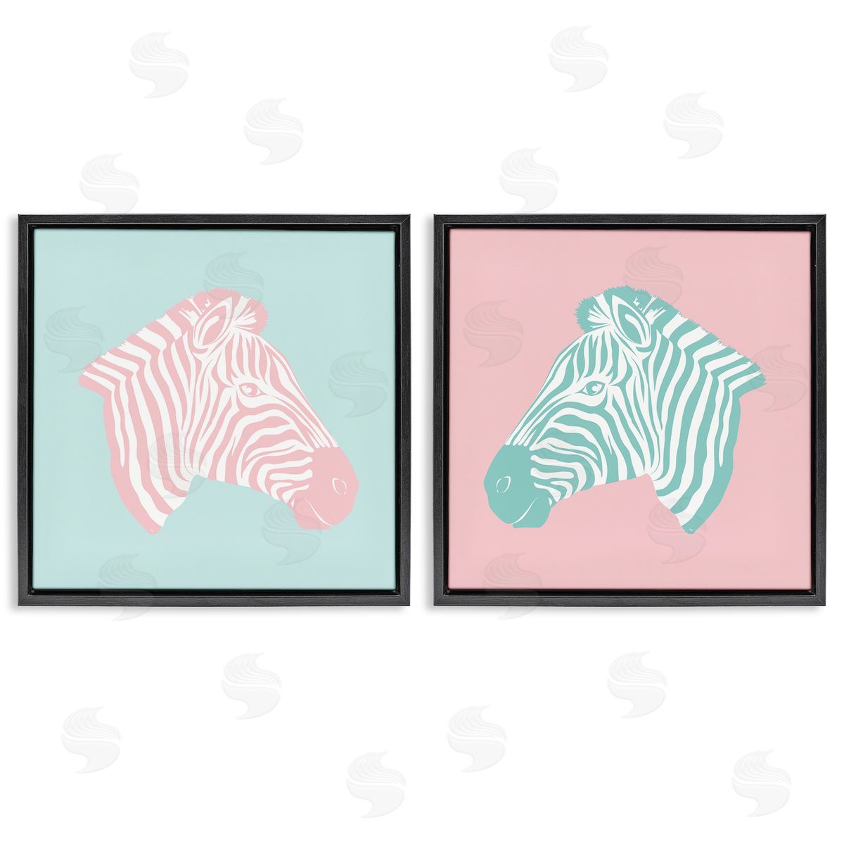 Sweet Pink and Teal Zebras Black Floating Frame Canvas Wall Art, Home Decor by Martina Pavlova