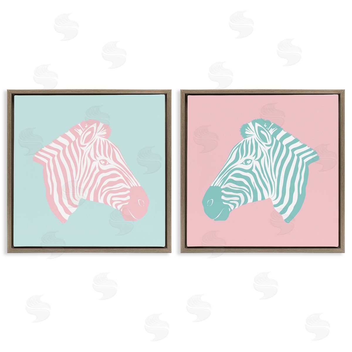 Sweet Pink and Teal Zebras Brown Floating Frame Canvas Wall Art, Home Decor by Martina Pavlova