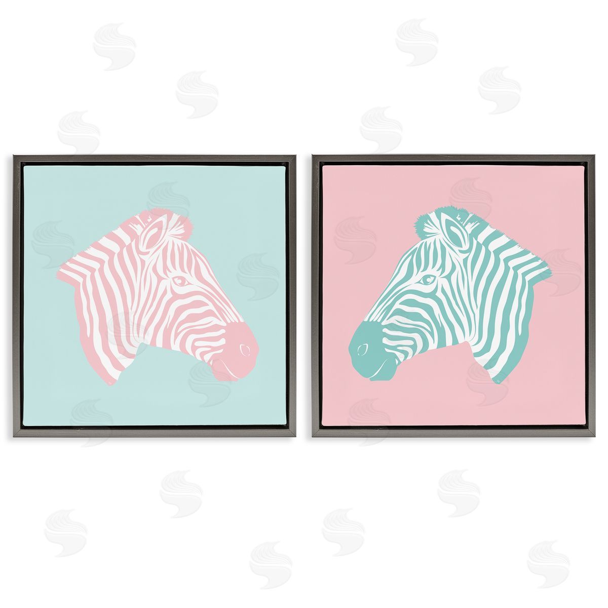 Sweet Pink and Teal Zebras Grey Floating Frame Canvas Wall Art, Home Decor by Martina Pavlova
