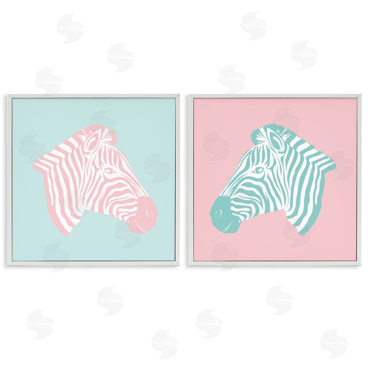 Sweet Pink and Teal Zebras White Frame Print Wall Art, Home Decor by Martina Pavlova