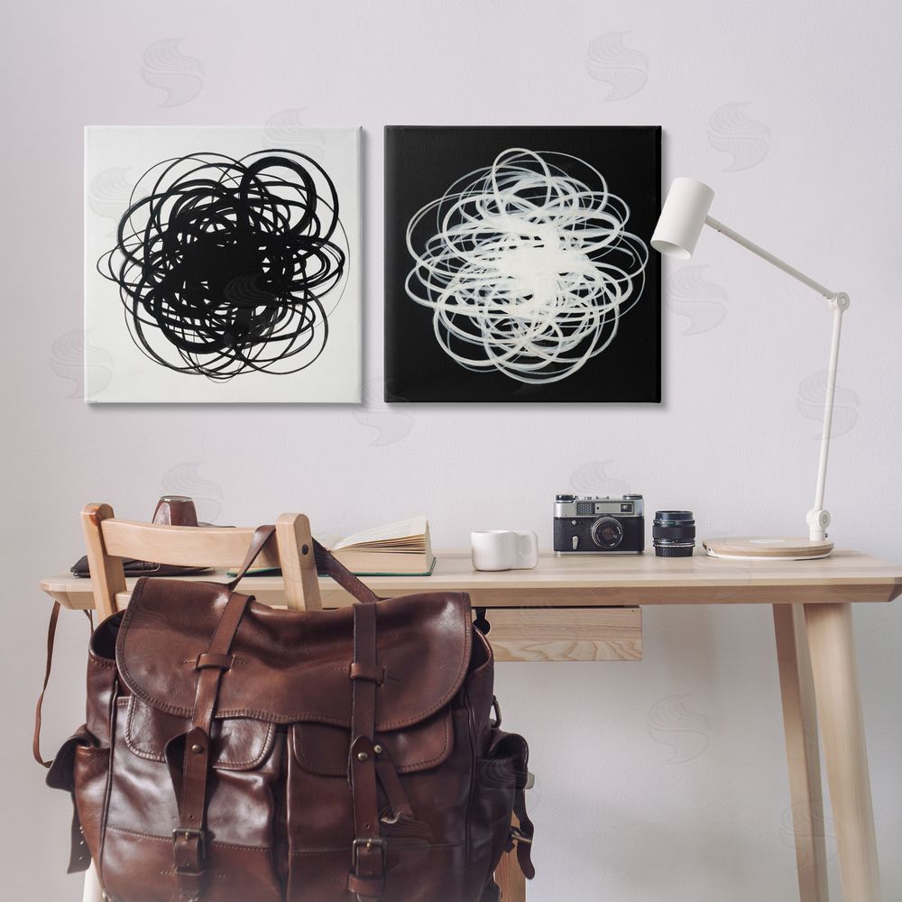 Haxton Black & White Tangled Lines  Canvas Wall Art Print in Room