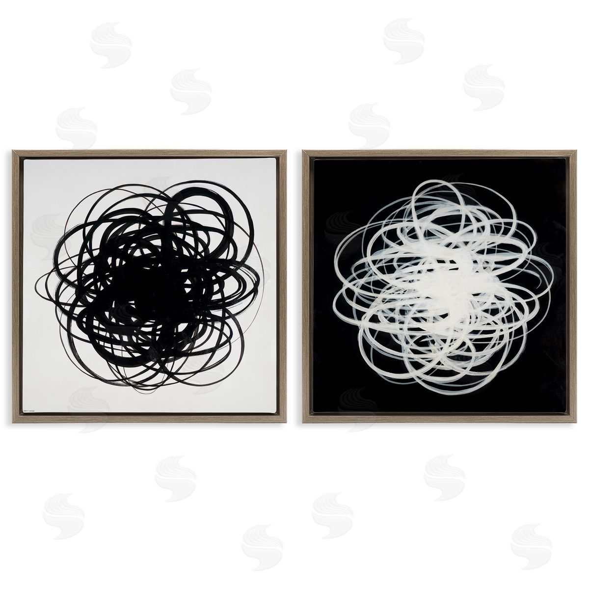 Haxton Black & White Tangled Lines  Brown Floating Frame Canvas Wall Art Print