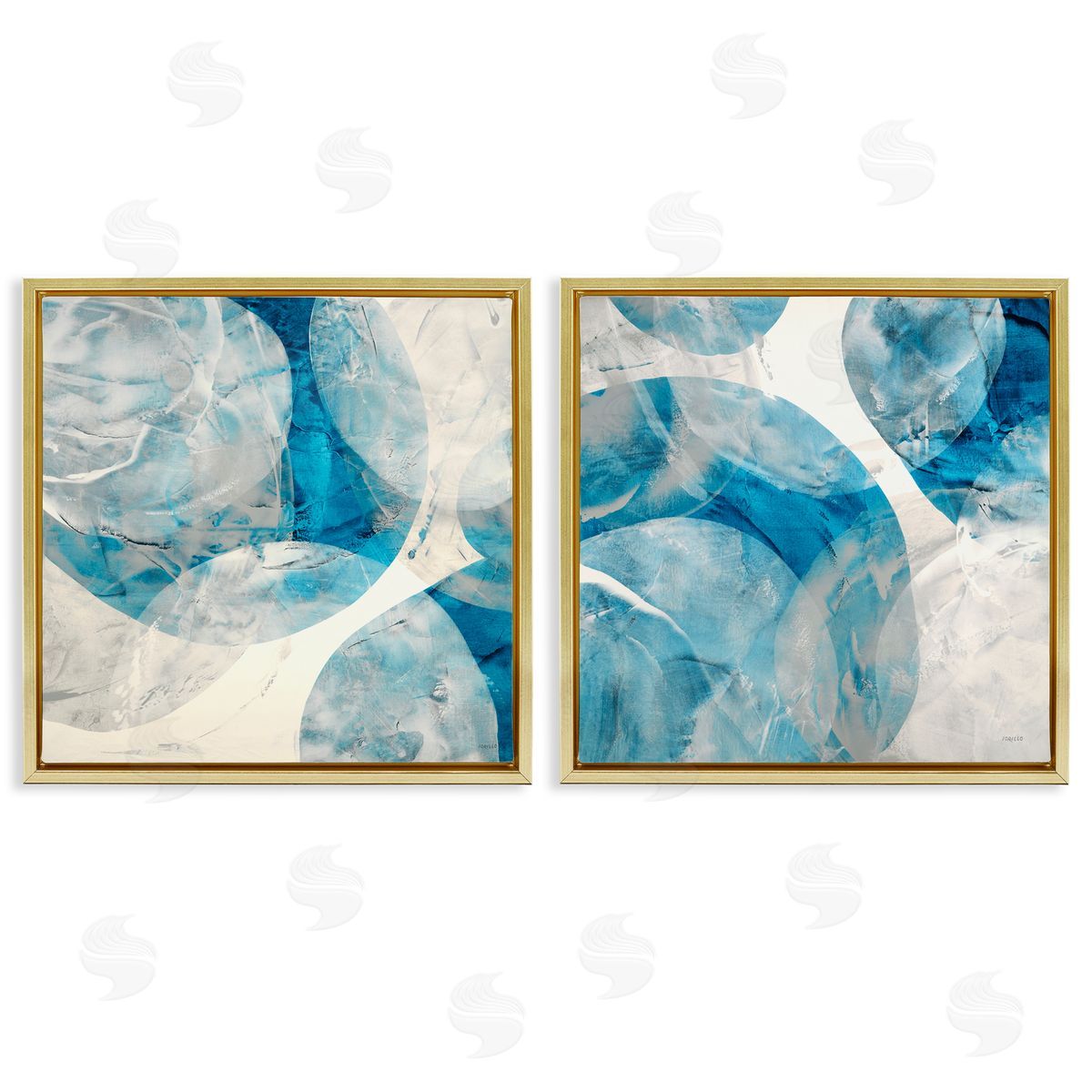 Jeff Iorillo Abstract Teal Cream Circles  Gold Floating Frame Canvas Wall Art Print